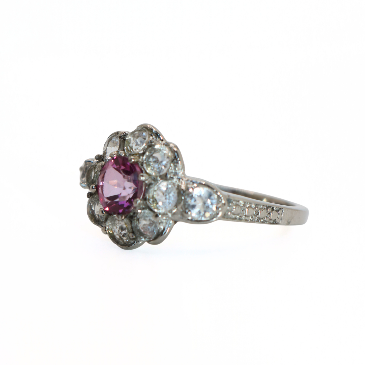 Vintage 316L Stainless Steel Pink & Clear Crystal Flower Halo Ring