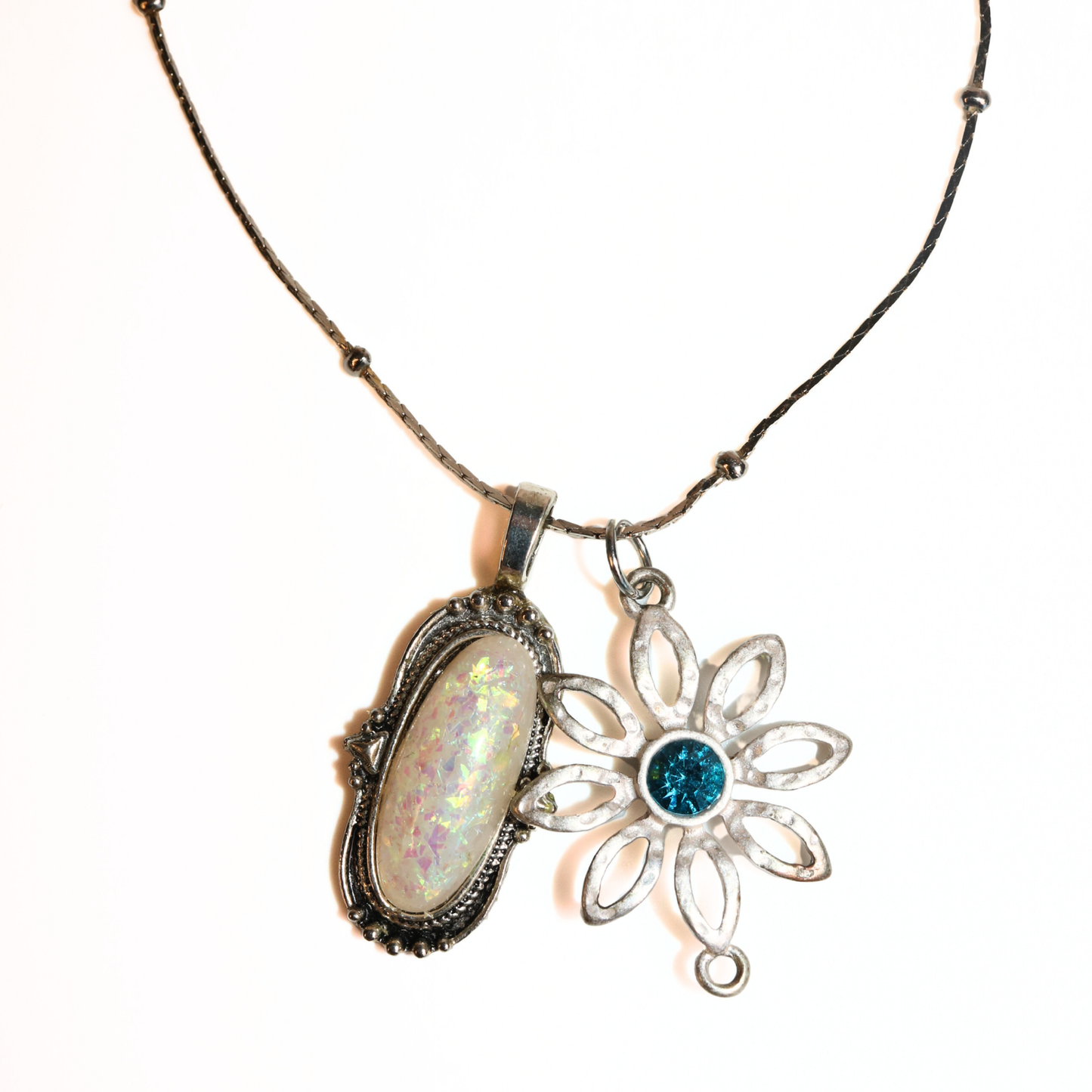 Upcycled Silver-Tone Flower & Opalescent Pendant Necklace