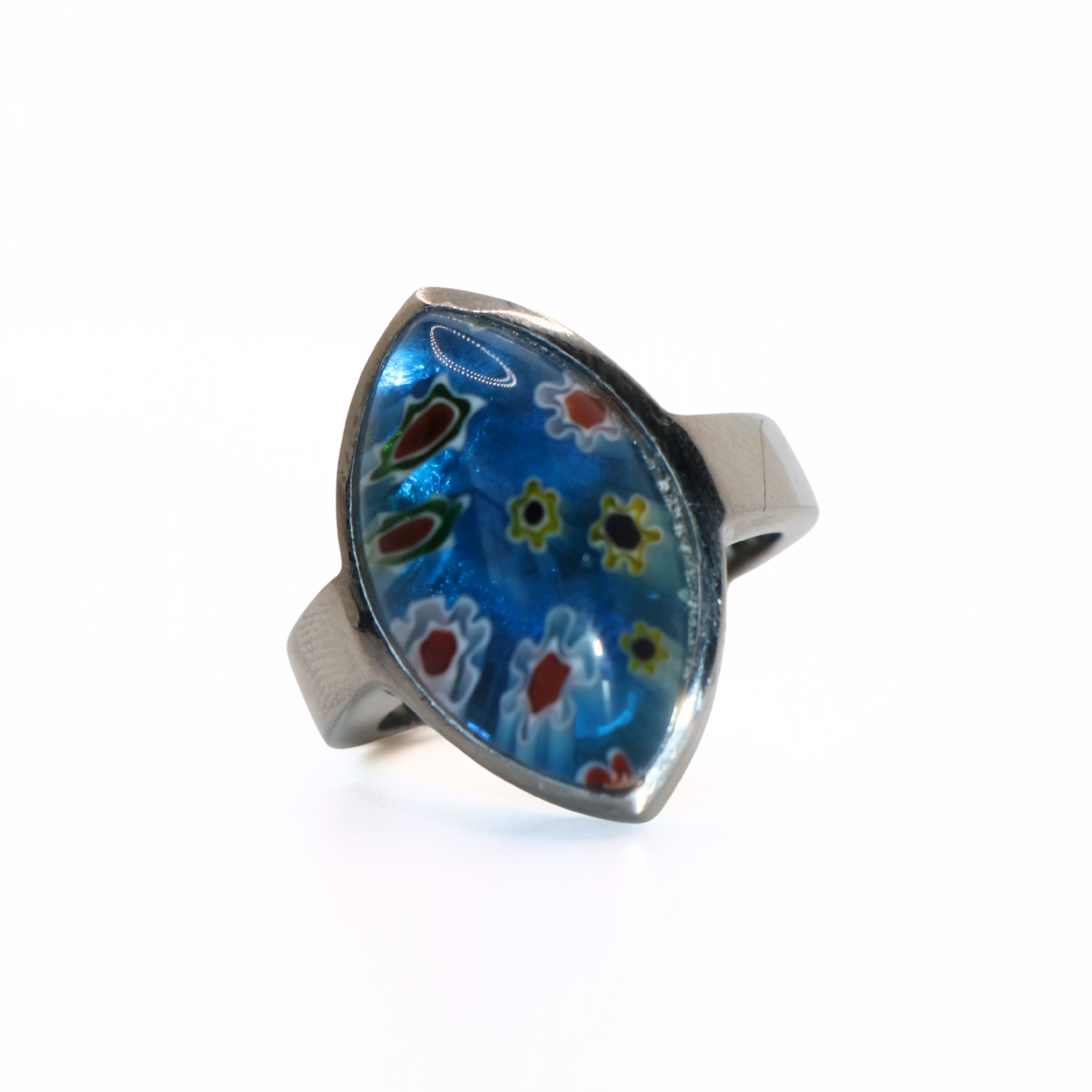 Vintage Silver Tone Blue Millefiori Glass Marquise Ring