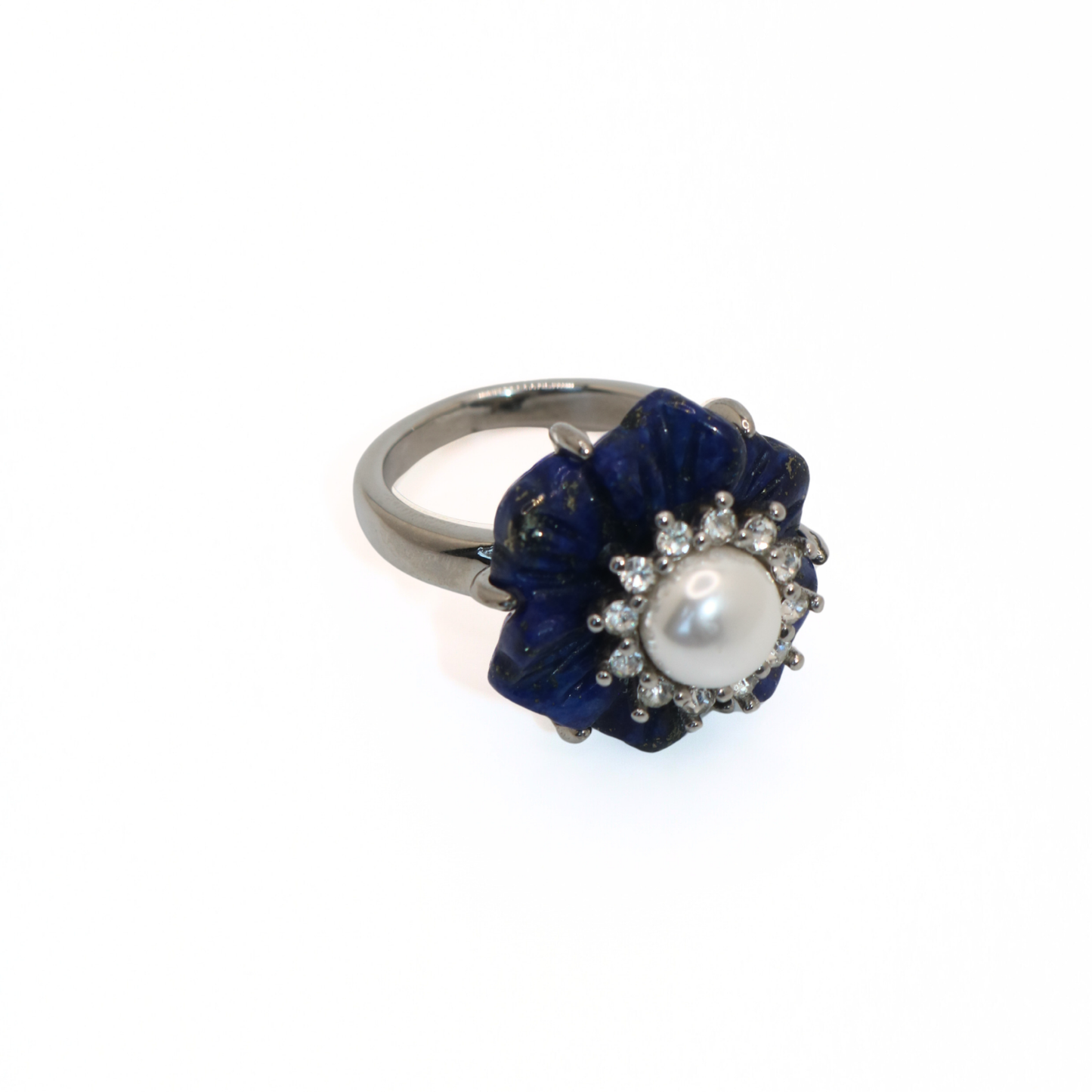 Vintage 316L Stainless Steel Lapis Lazuli Style Carved Flower & Pearl Ring