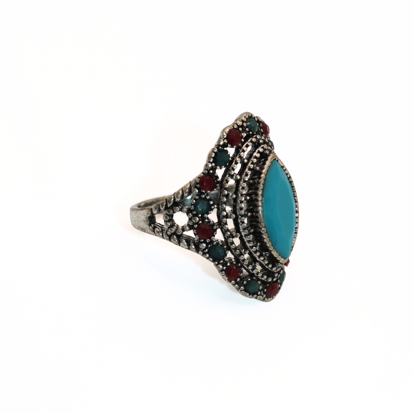 Vintage Silver Tone Turkish Style Turquoise & Multistone Cocktail Ring