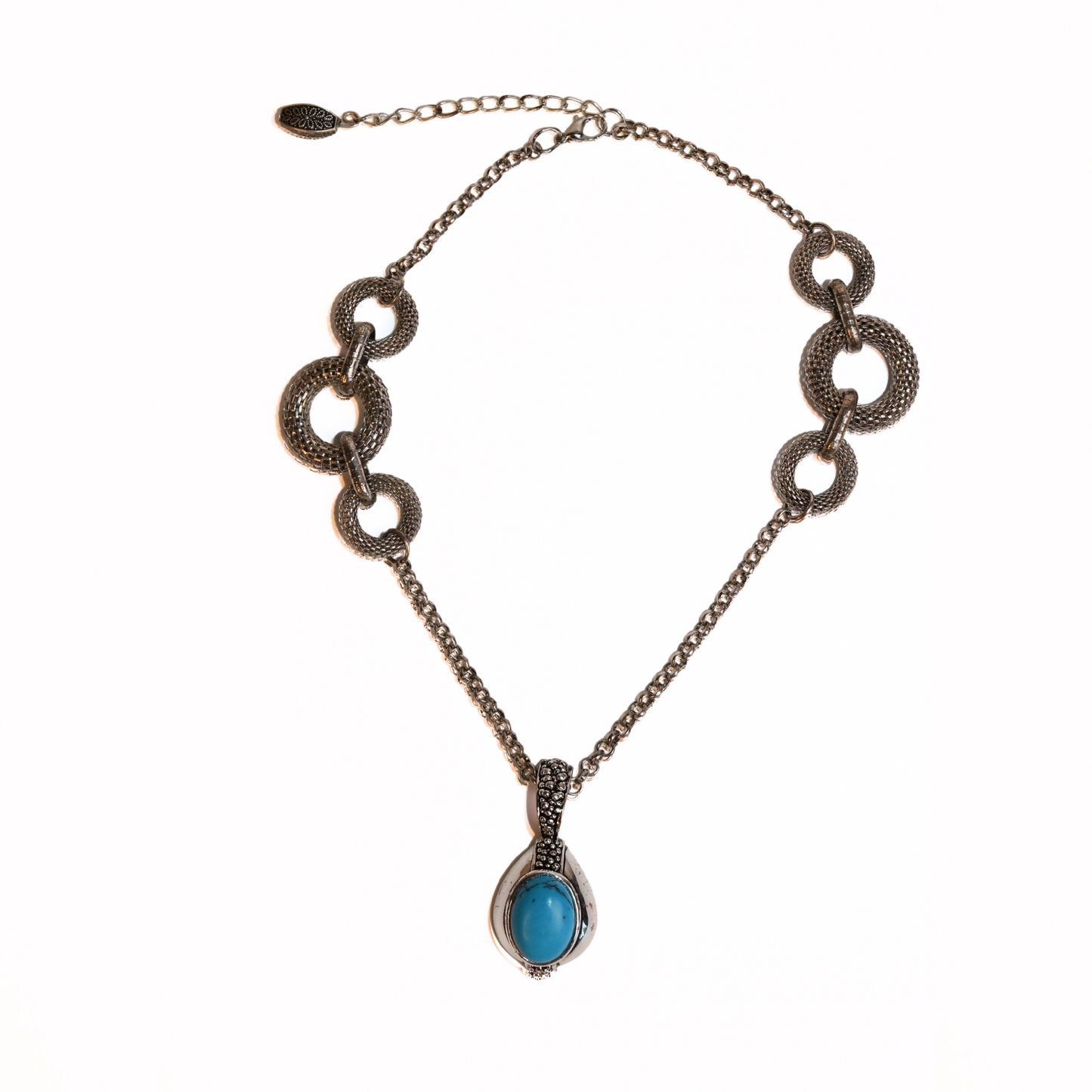 Silver-Tone Turquoise Stone Pendant Necklace with Textured Circle Links