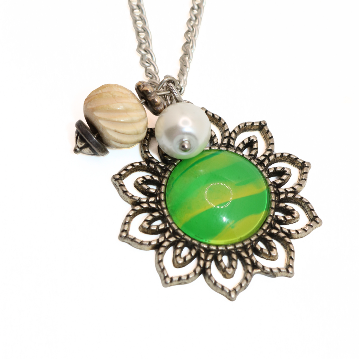 Vintage Reworked Mandala Flower & Green Cabochon Charm Necklace