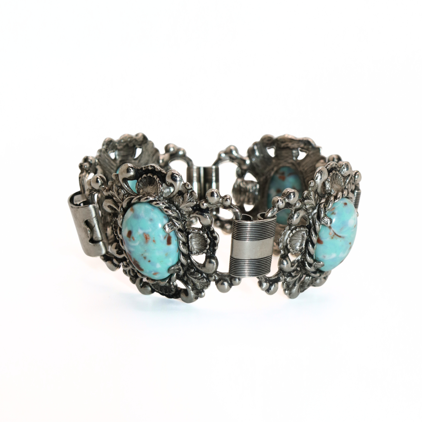 Vintage Silver Tone Turquoise Cabochon Floral Panel Bracelet