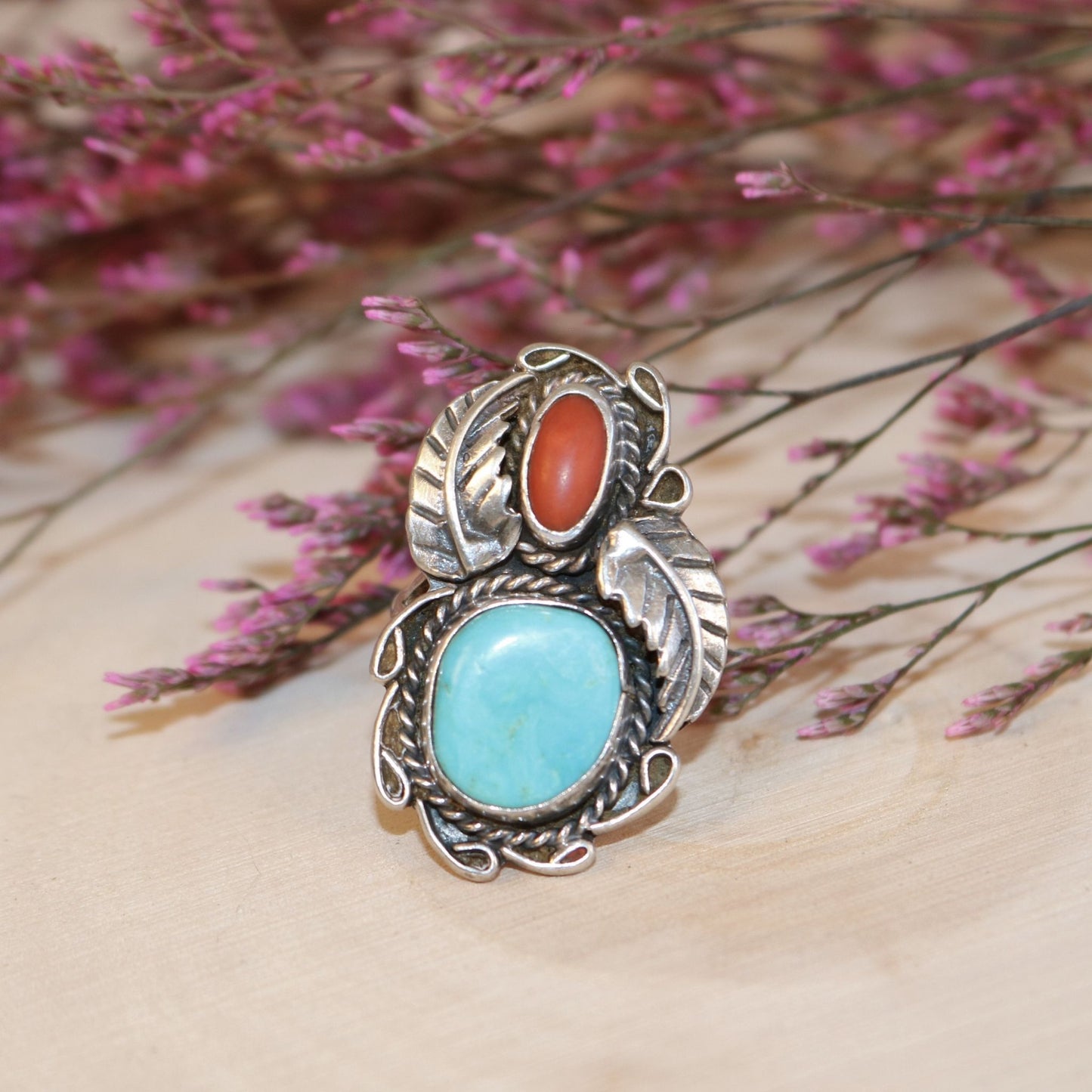 Vintage Sterling Silver Ring with Turquoise & Coral Cabochons