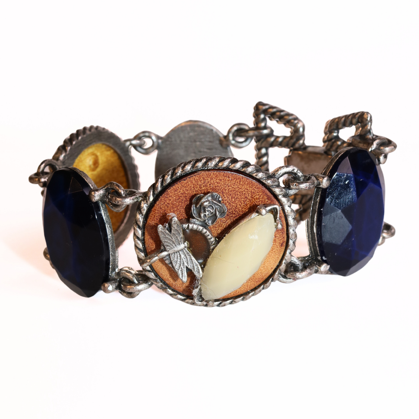 Vintage 1950s Statement Link Bracelet with Blue Stones & Mixed Media