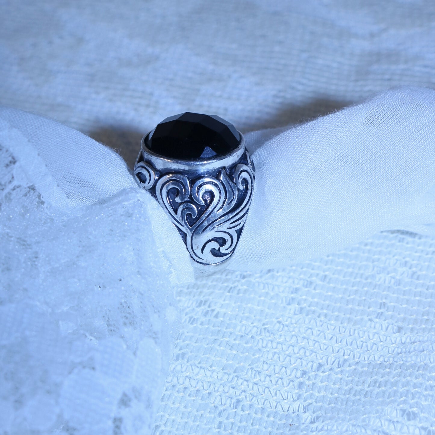 Vintage Silver Tone Statement Ring with Black Stone