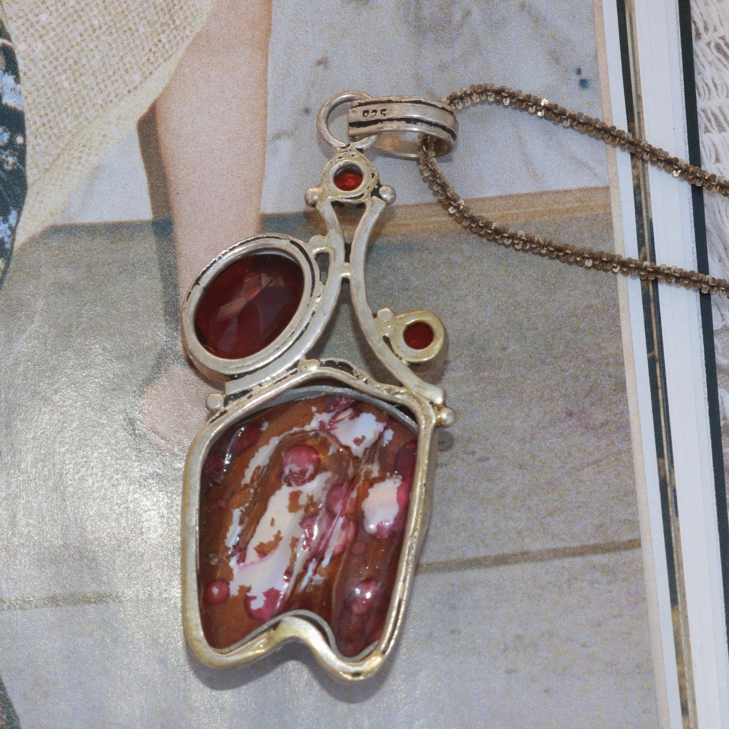 Sterling Silver Statement Pendant Necklace with Garnet & Natural Jasper/Agate (925)
