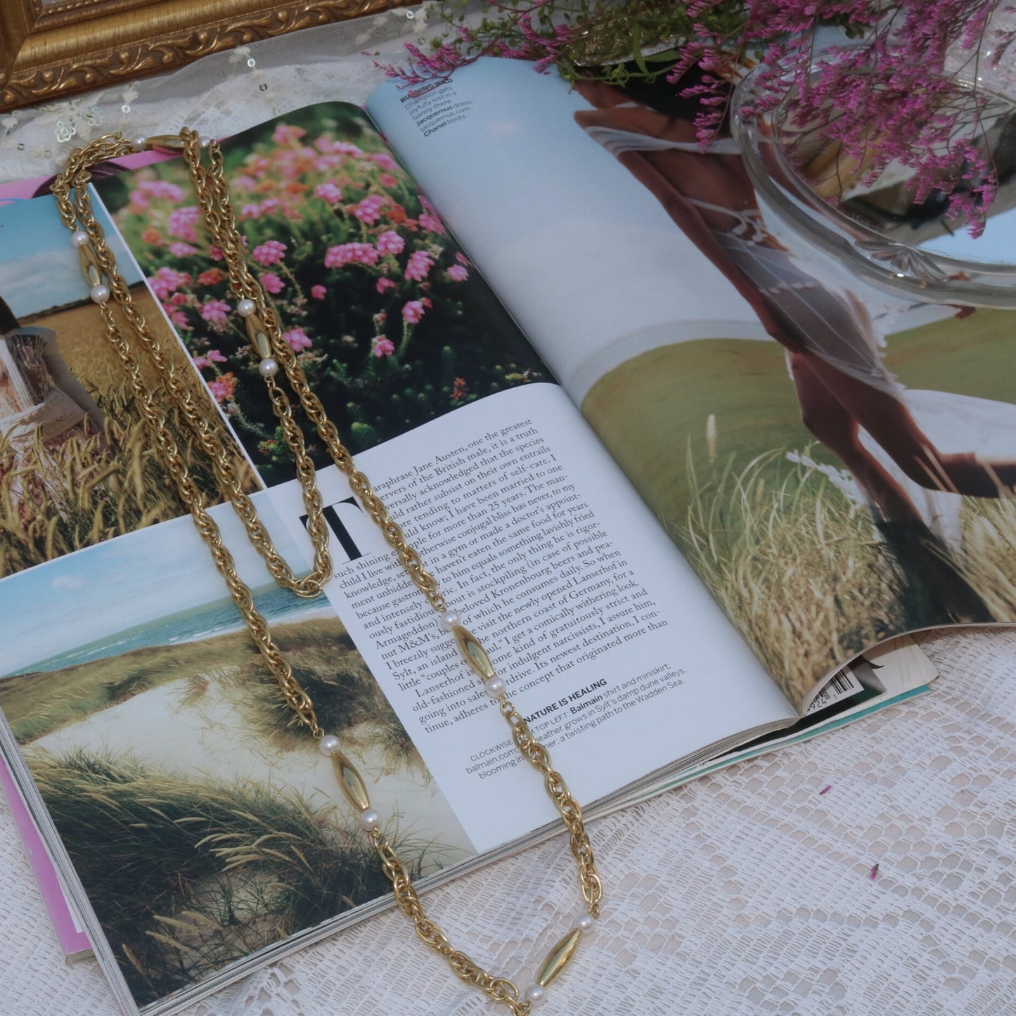 Gold-Tone Pearl Bar Link Chain Necklace