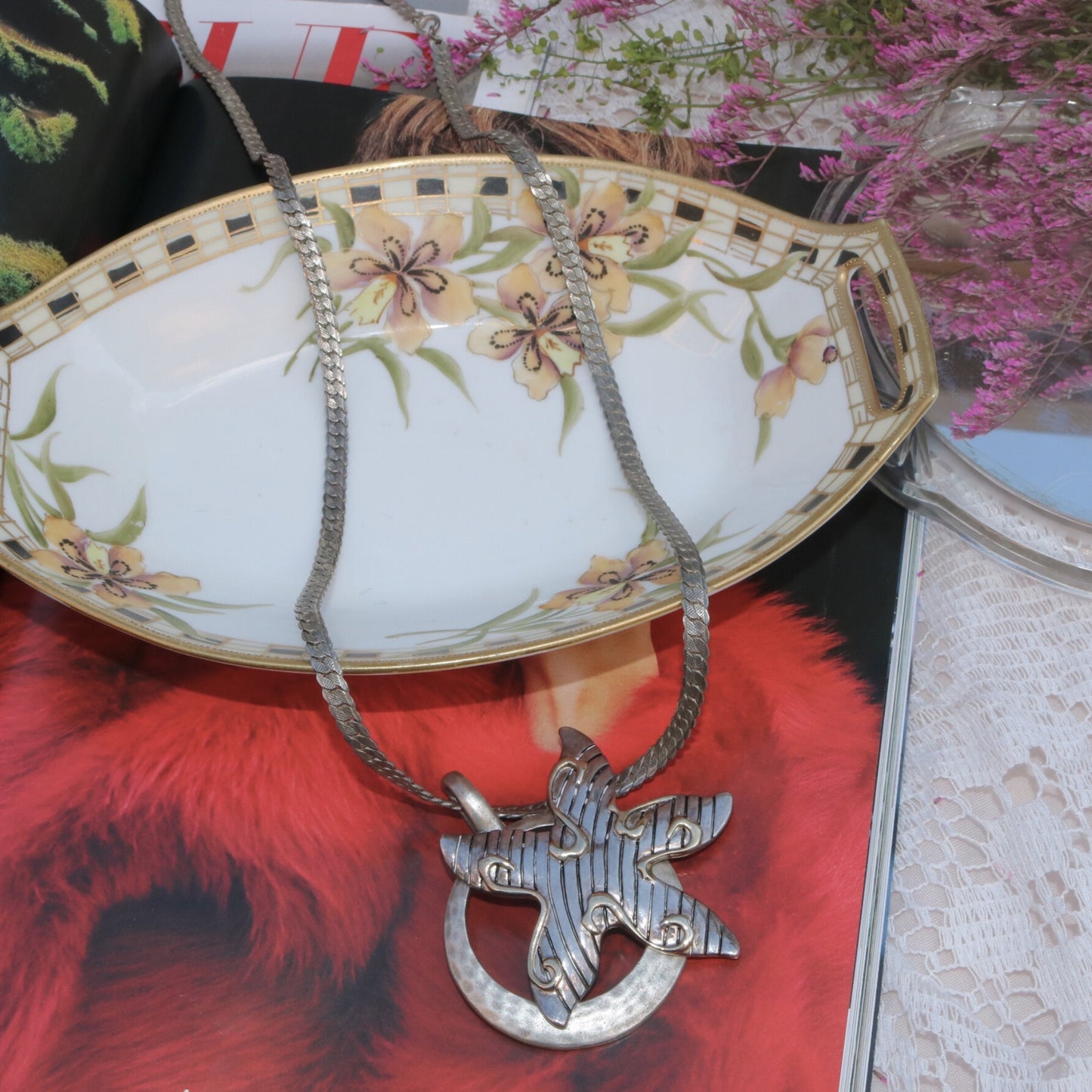 Upcycled Silver-Tone Star & Crescent Pendant Necklace