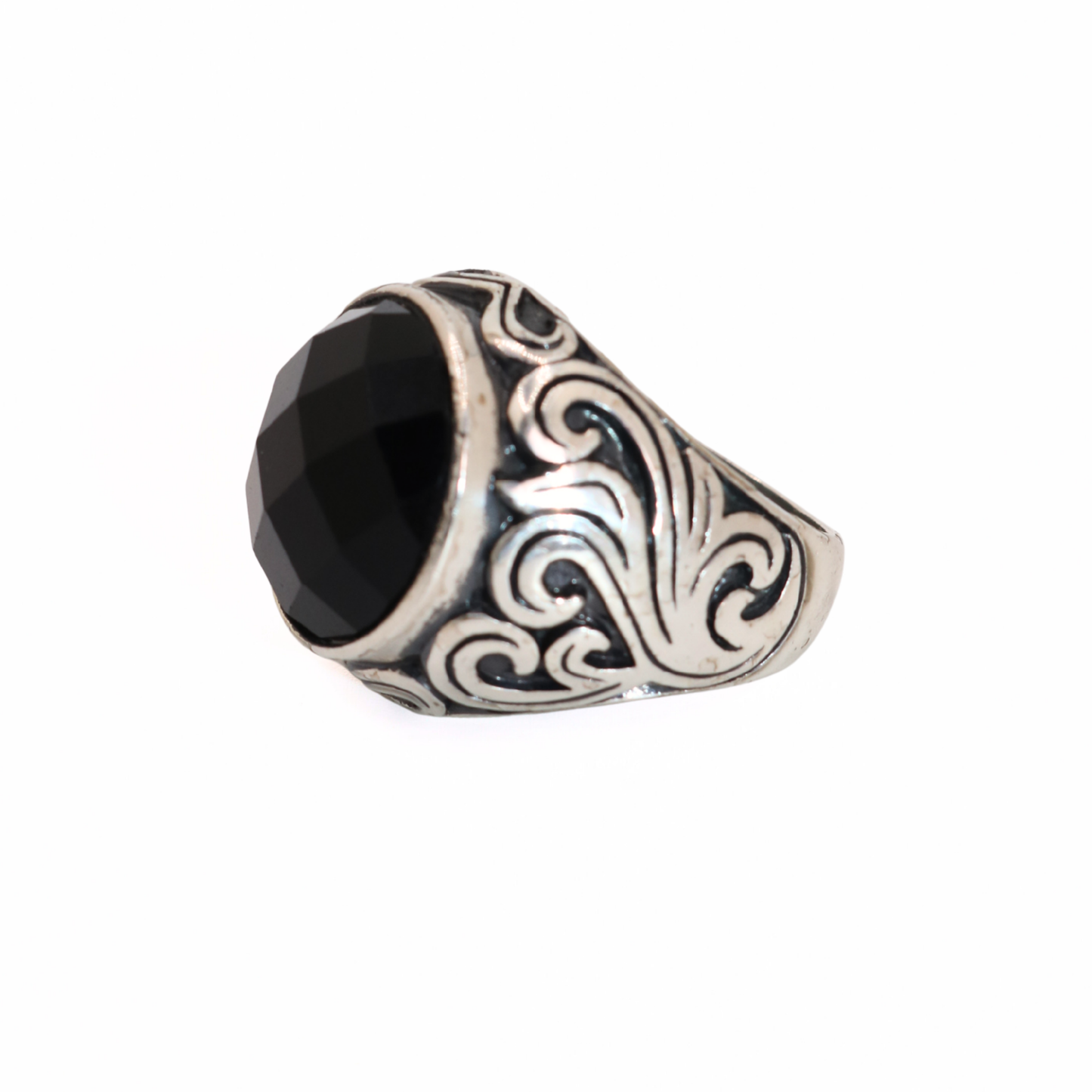 Vintage Silver Tone Statement Ring with Black Stone
