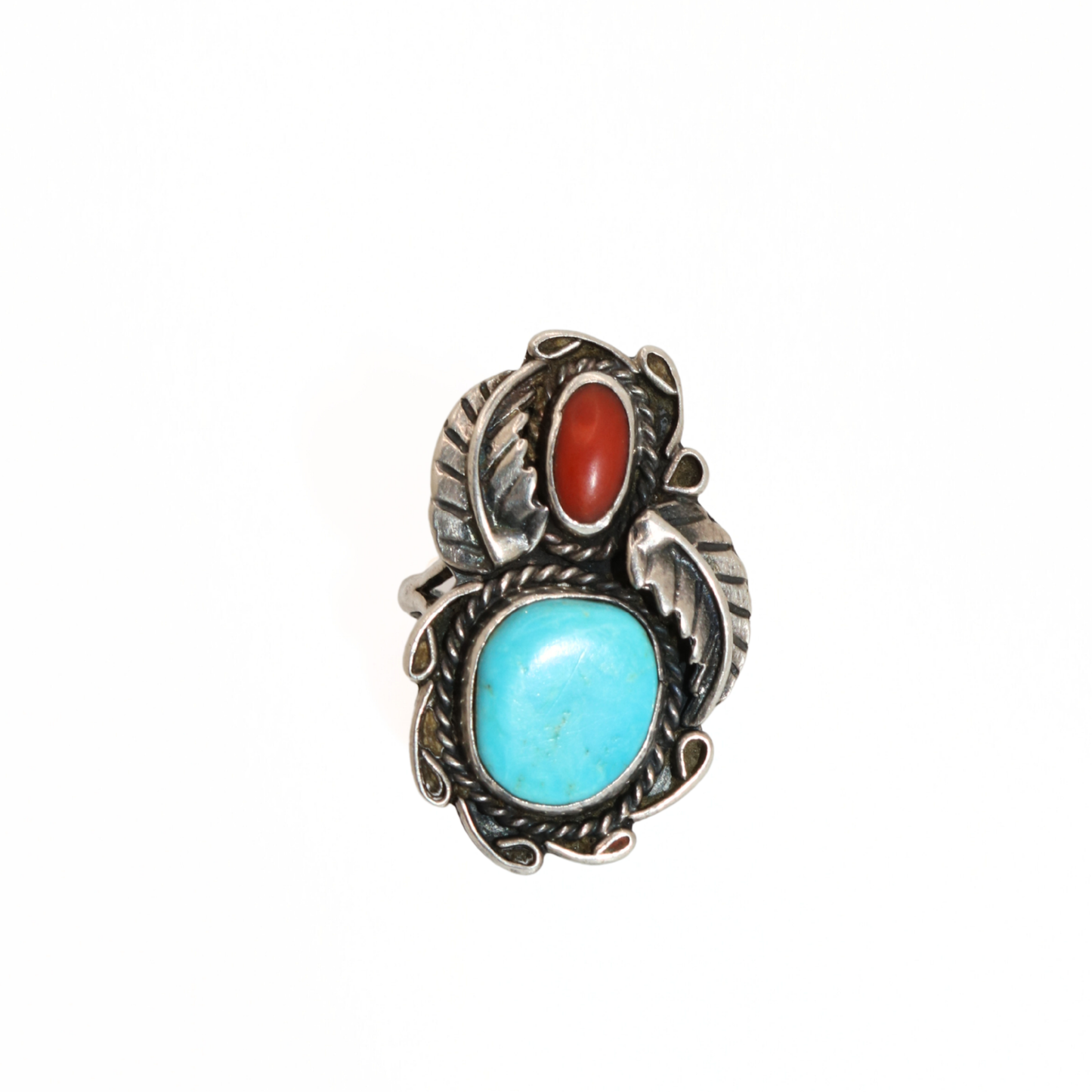 Vintage Sterling Silver Ring with Turquoise & Coral Cabochons