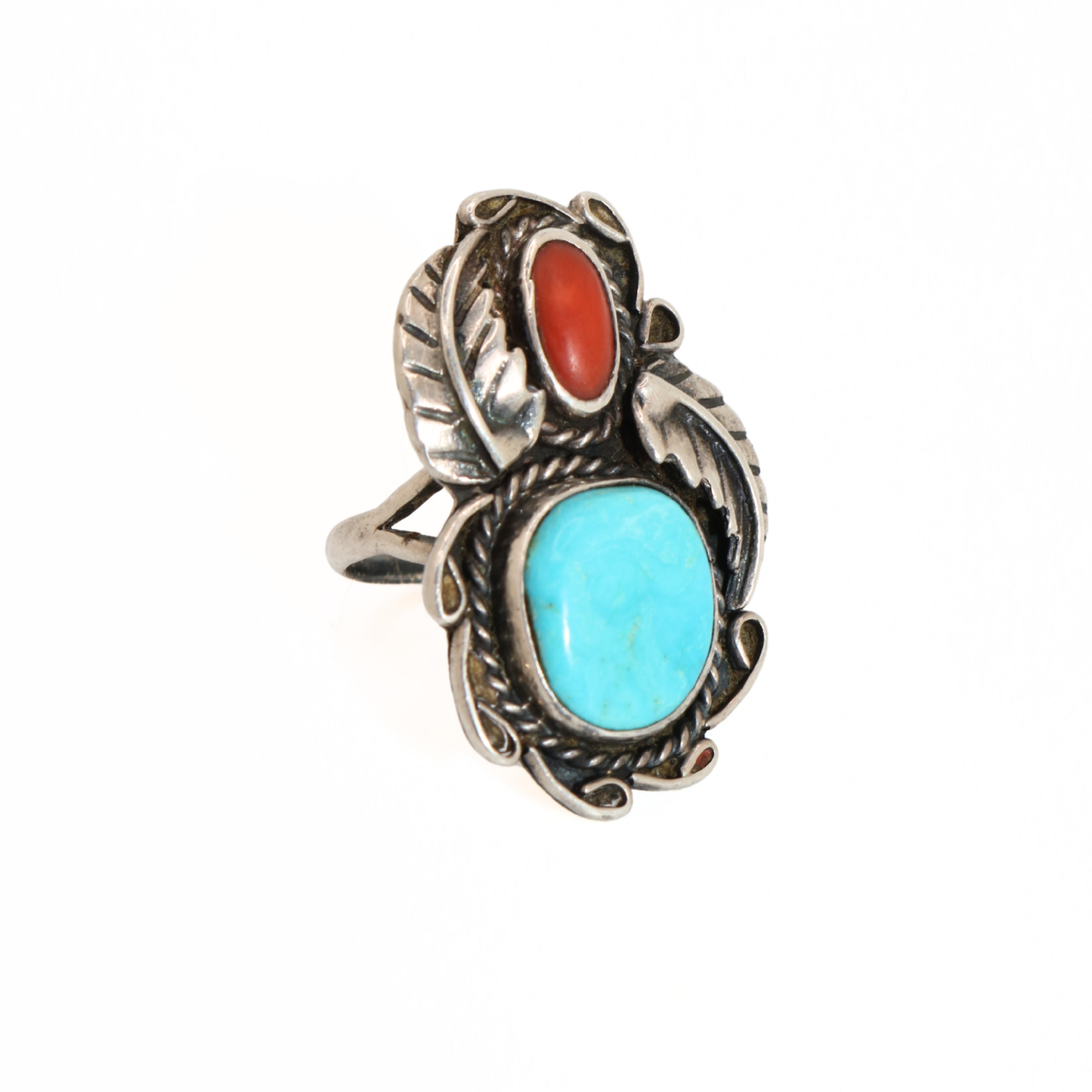 Vintage Sterling Silver Ring with Turquoise & Coral Cabochons