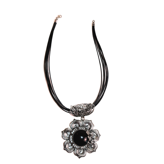 Vintage Pandora 925 Black Cord Necklace with Ornate Flower Pendant