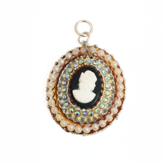 Vintage 1950's Cameo Gold Tone & Iridescent Rhinestones Faux Pearls Pendant