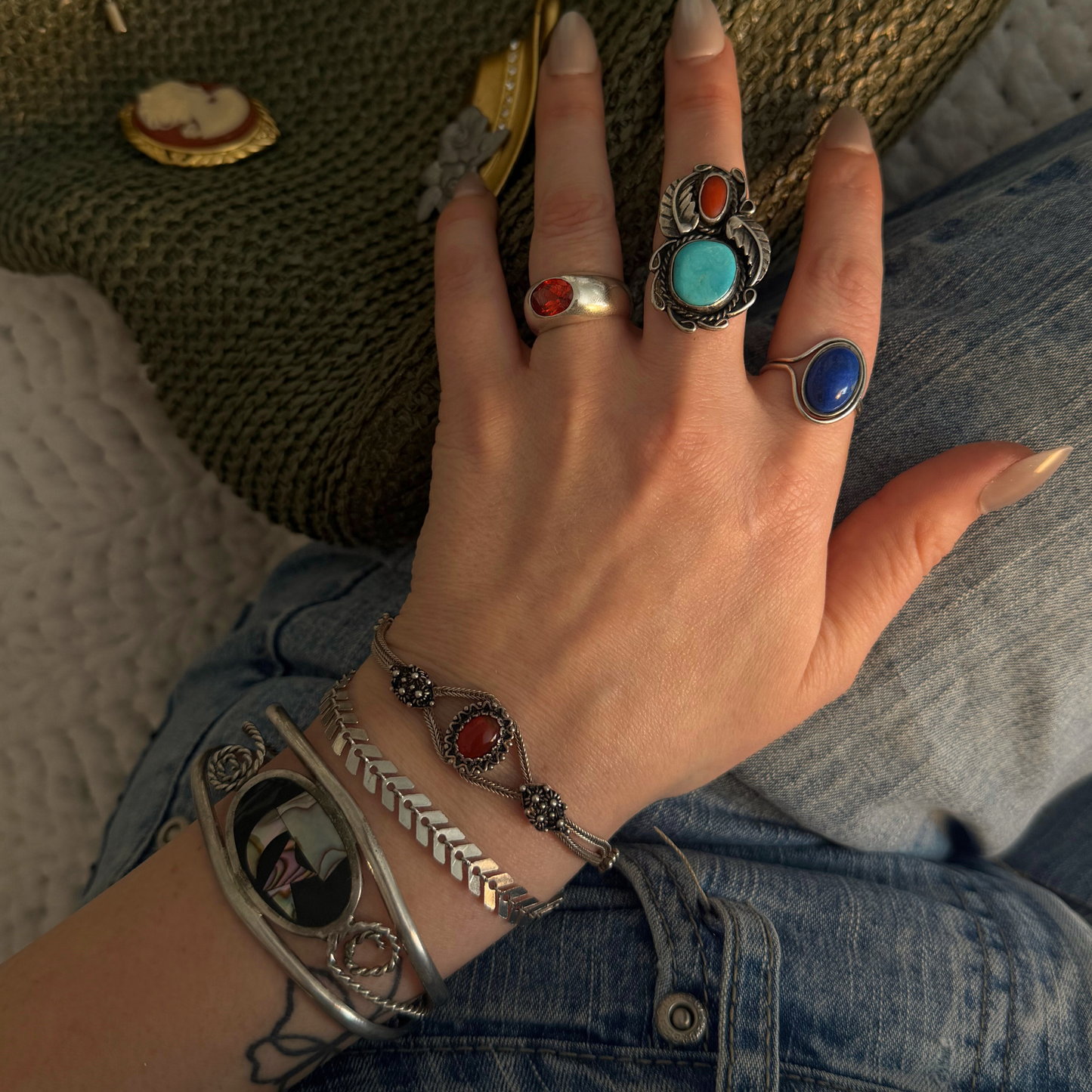 Vintage Sterling Silver Ring with Turquoise & Coral Cabochons