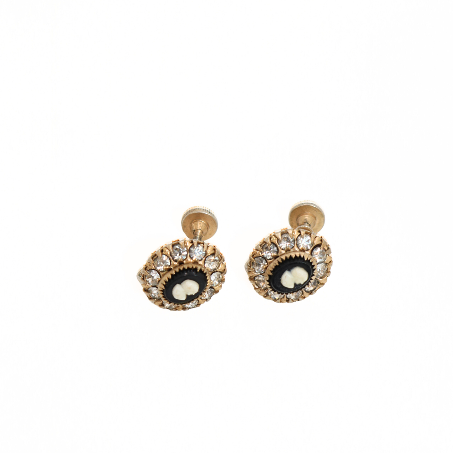 Vintage 1950s Gold Tone Cameo Screw-Back Earrings with Crystal Accents