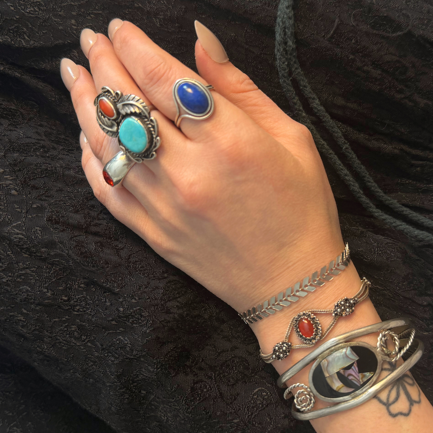 Vintage Sterling Silver Ring with Turquoise & Coral Cabochons