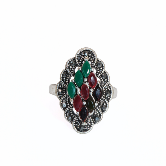 Vintage Silver Tone Multistone Marquise Cocktail Ring
