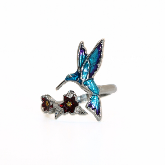 Vintage Silver Tone Enamel Hummingbird & Flower Ring