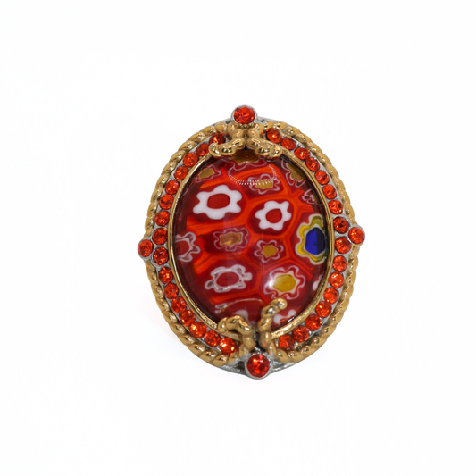 Vintage 316L Stainless Steel Red Millefiori Glass Statement Ring