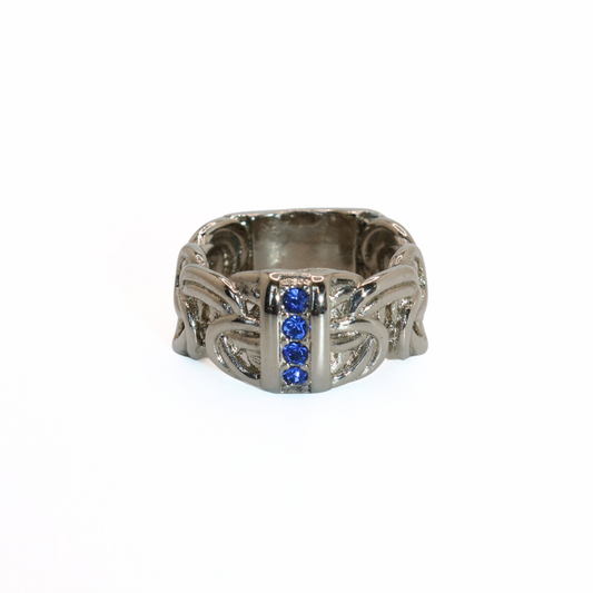 Vintage Stainless Steel Blue Crystal Wide Band Ring