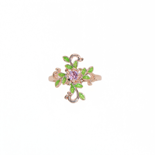 Vintage Rose Gold Tone Enamel Floral Vine Ring