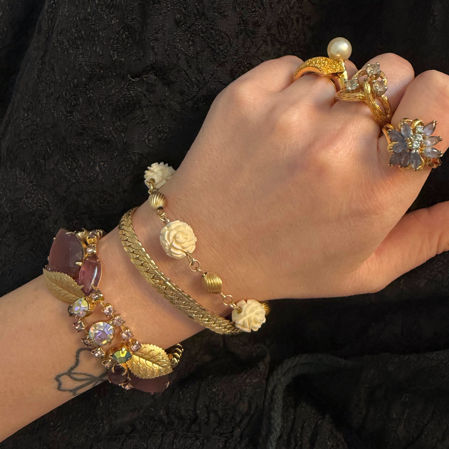 Vintage Gold Filled Bracelet with White Carved Flower Charms