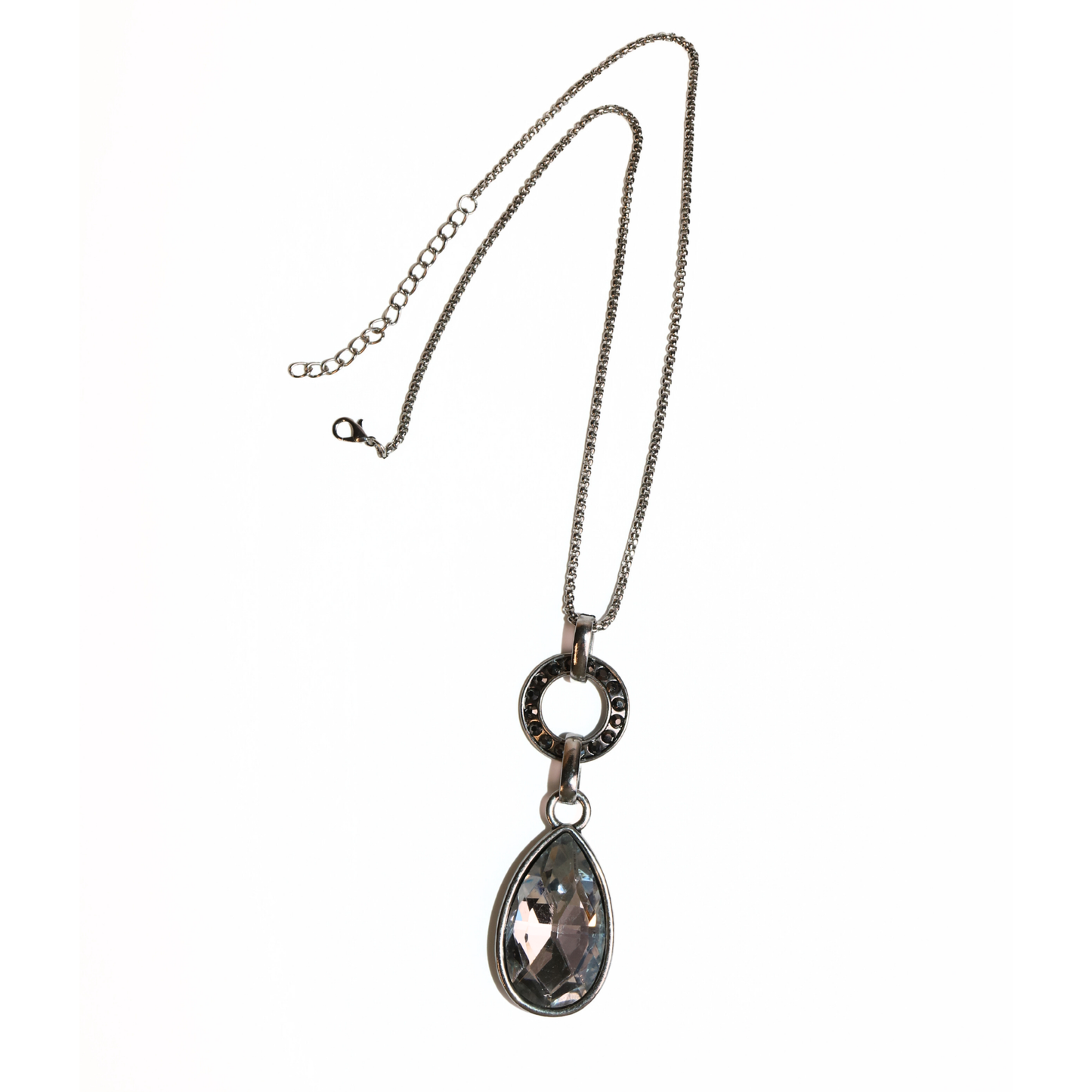 Silver-Tone Teardrop Crystal Pendant Necklace