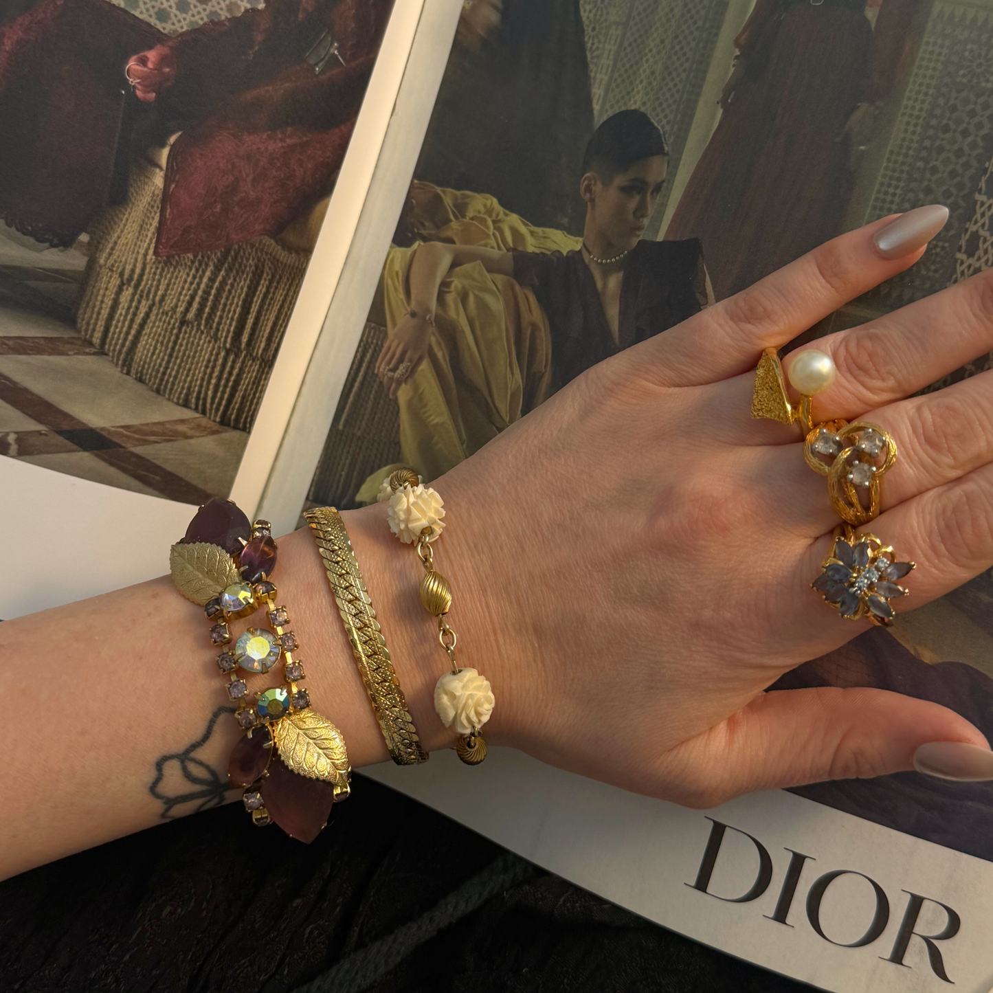 Vintage Pearl and Glitter Bypass Ring