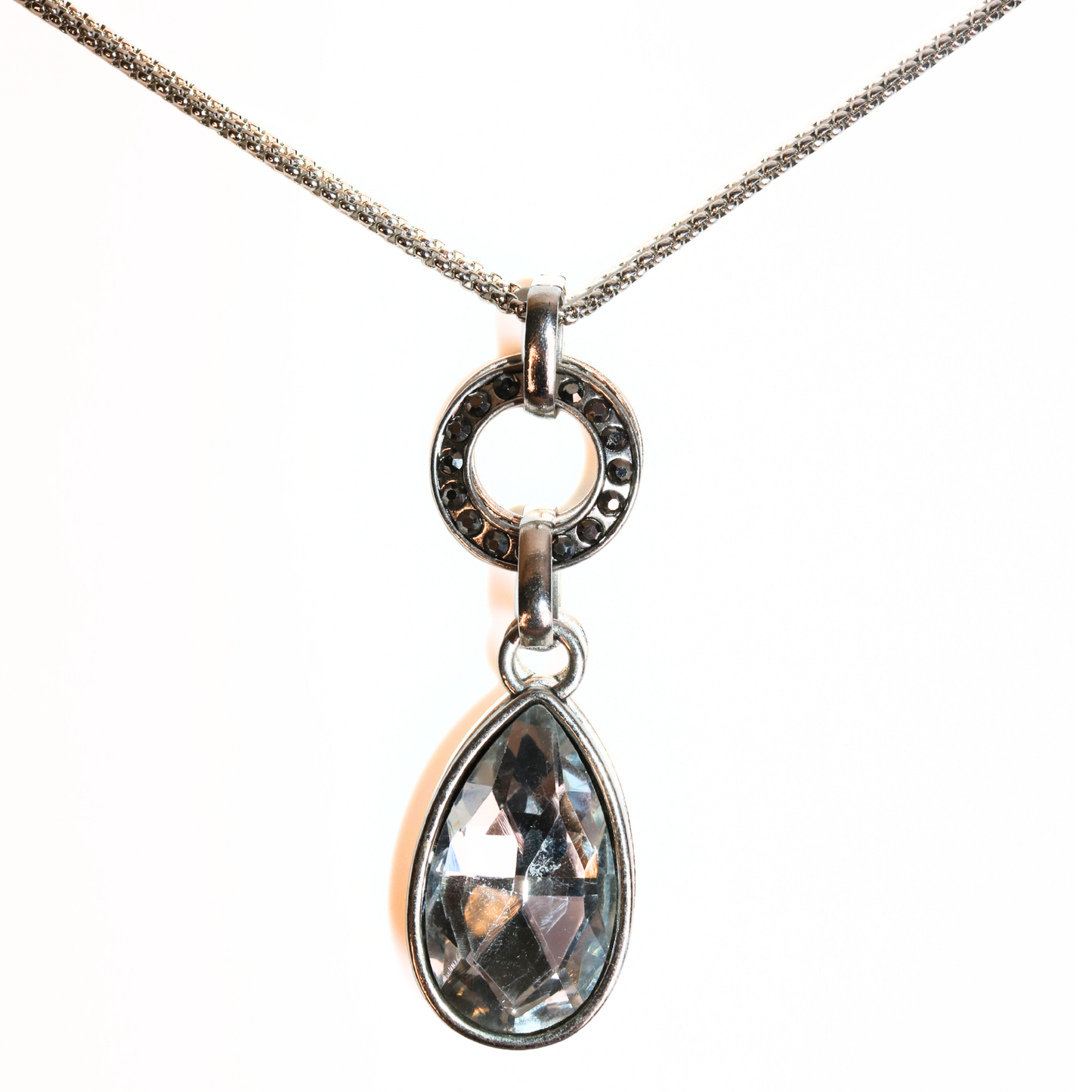 Silver-Tone Teardrop Crystal Pendant Necklace
