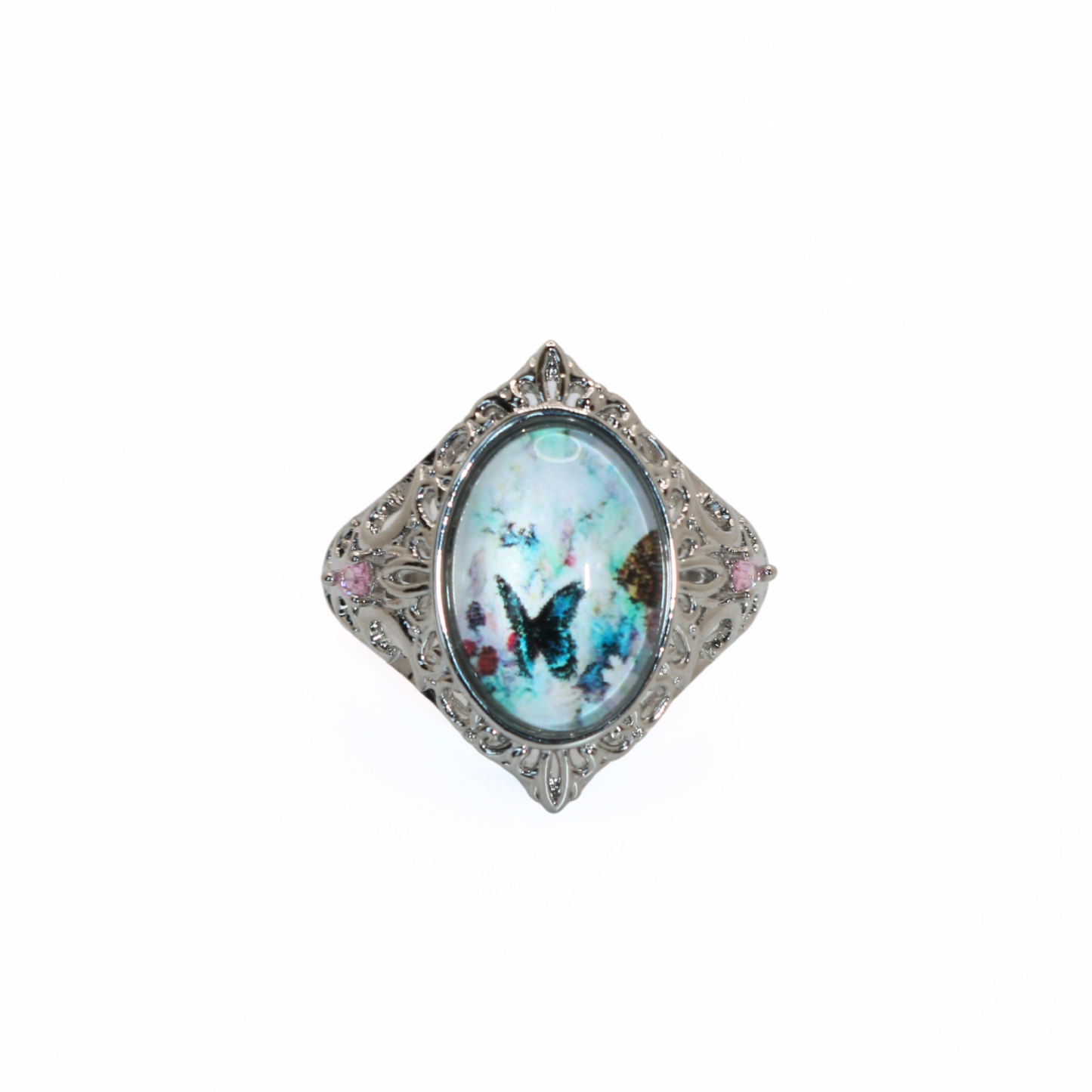 Silver Tone Butterfly Cameo Filigree Ring