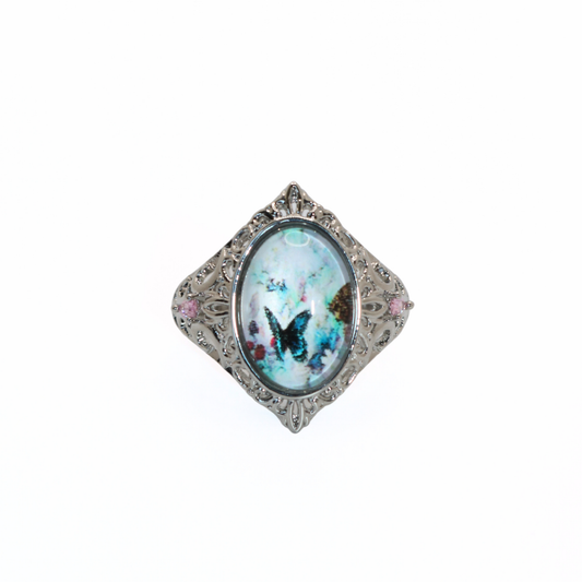 Silver Tone Butterfly Cameo Filigree Ring