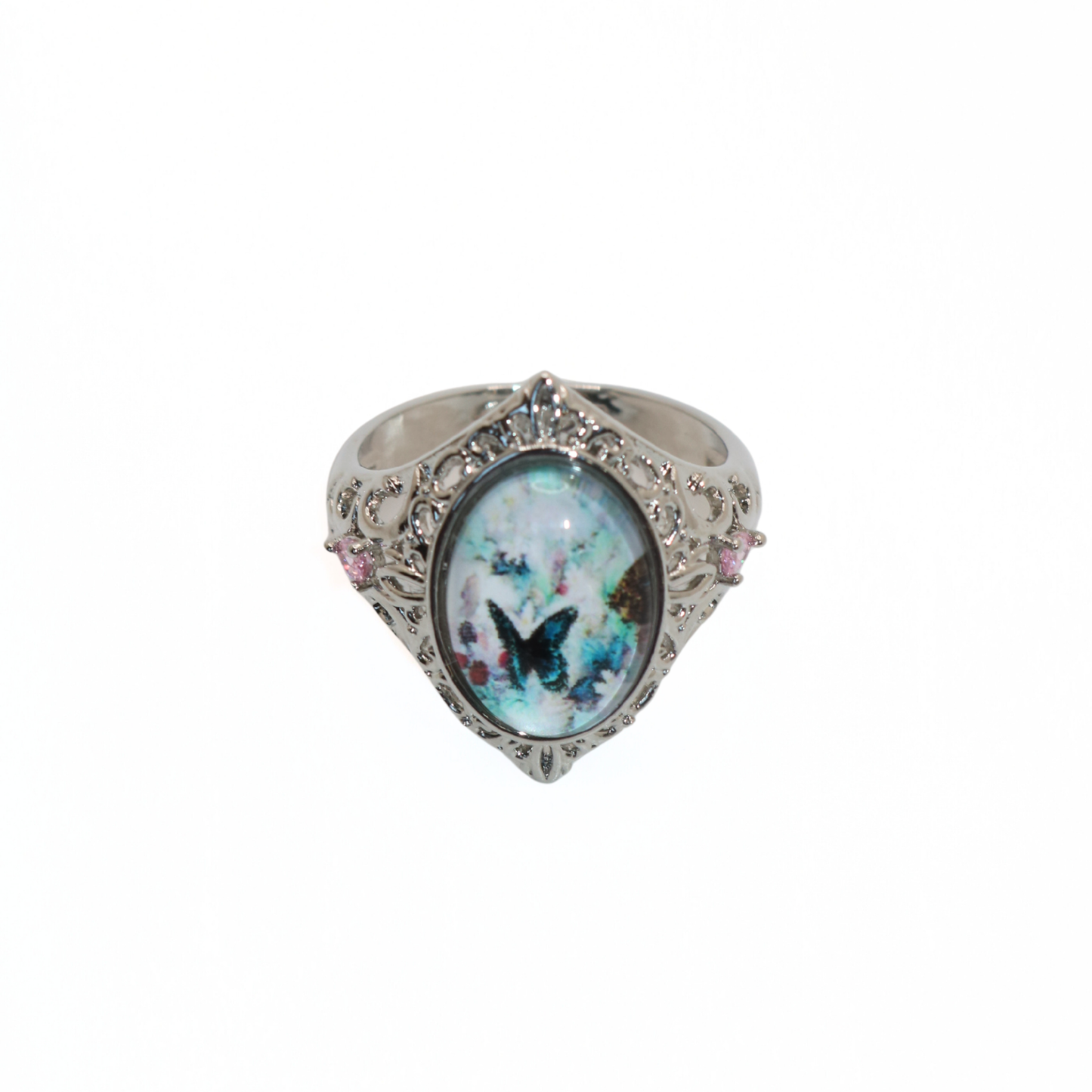 Silver Tone Butterfly Cameo Filigree Ring