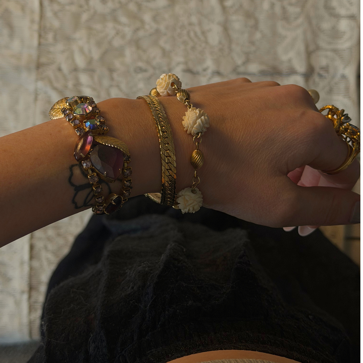 Vintage Gold Filled Bracelet with White Carved Flower Charms