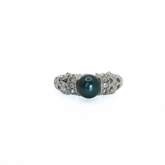 Vintage Silver Tone Teal Pearl & Crystal Filigree Ring