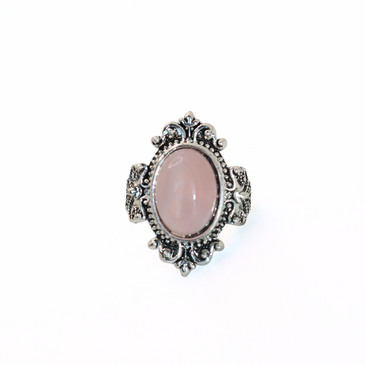 Vintage Silver Tone Rose Quartz Style Baroque Cocktail Ring