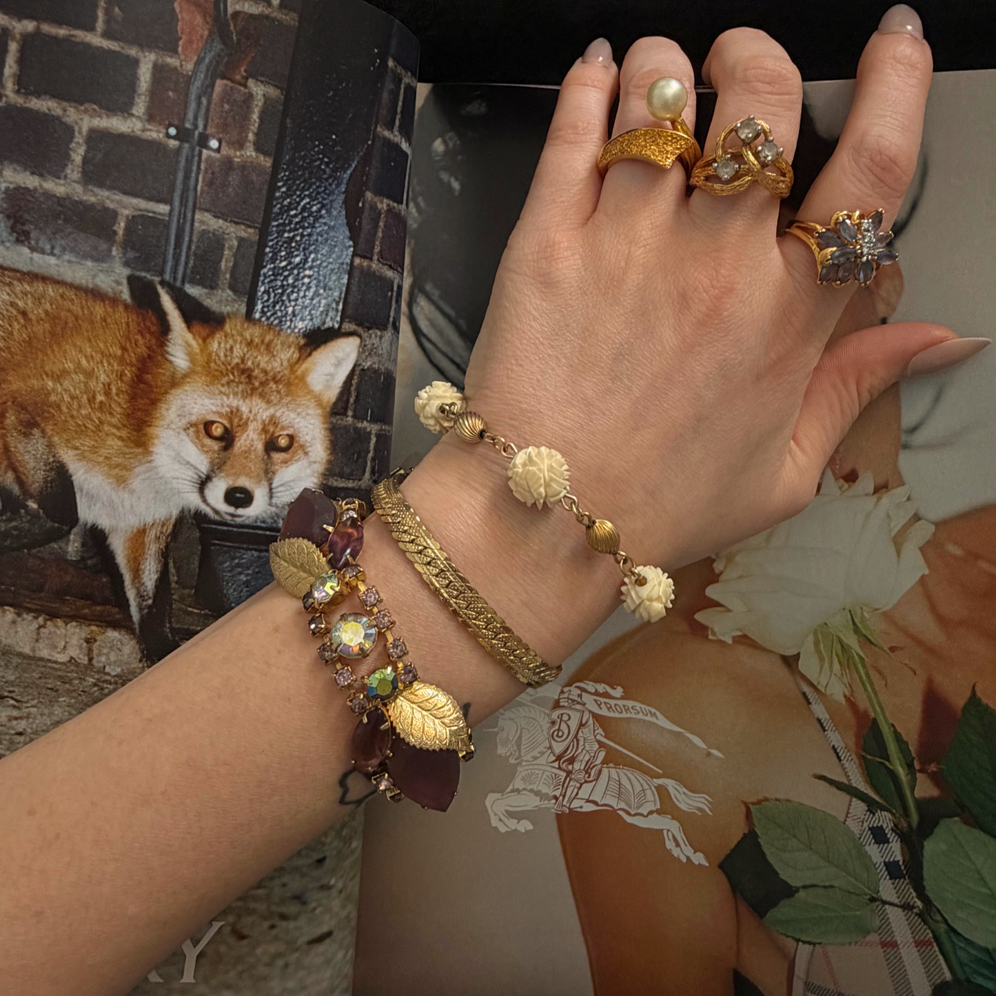 Vintage Gold Filled Bracelet with White Carved Flower Charms