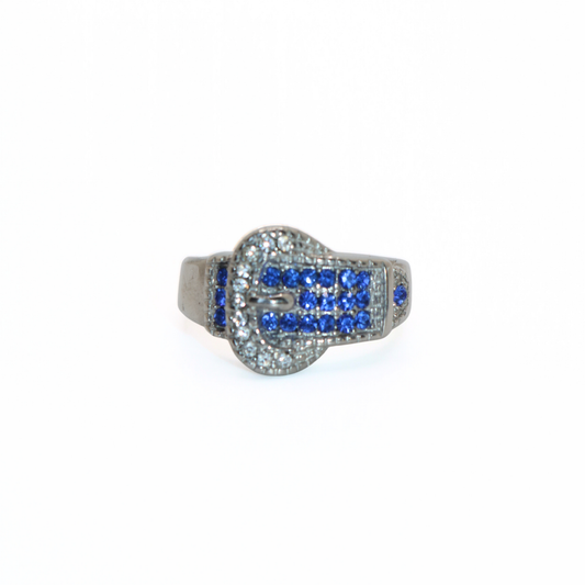 Vintage 316L Stainless Steel Blue Crystal Belt Buckle Ring