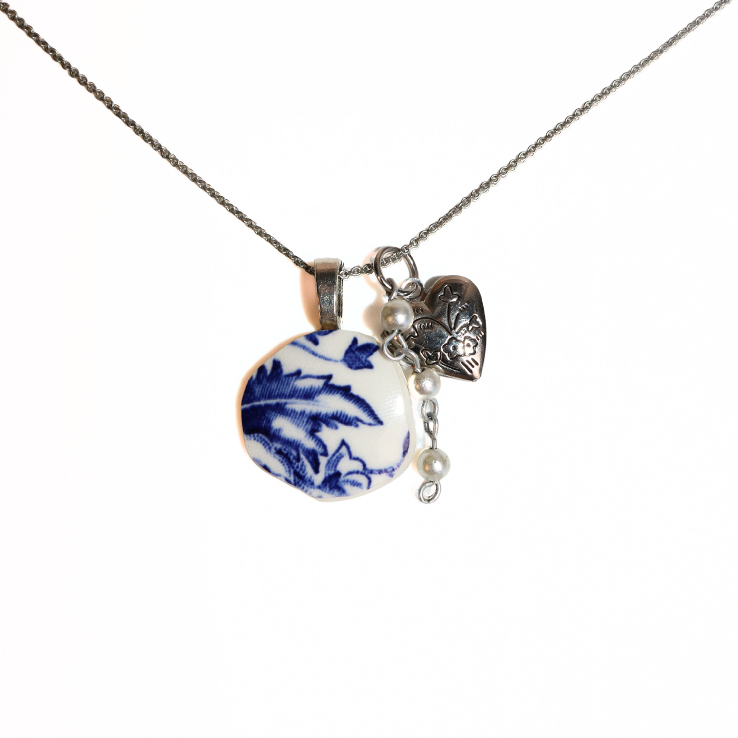 Blue & White China Plate Pendant Necklace with Heart & Pearl Accents