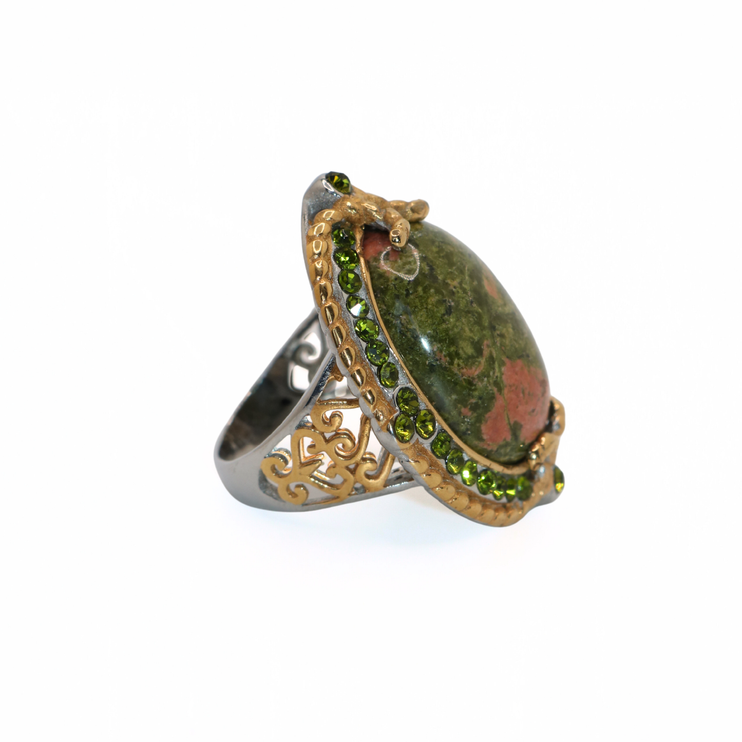 Vintage 316L Stainless Steel Unakite Stone Statement Ring