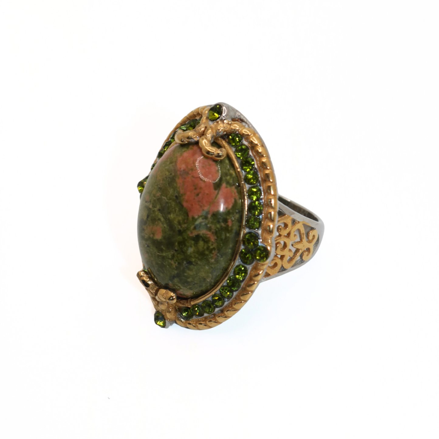 Vintage 316L Stainless Steel Unakite Stone Statement Ring