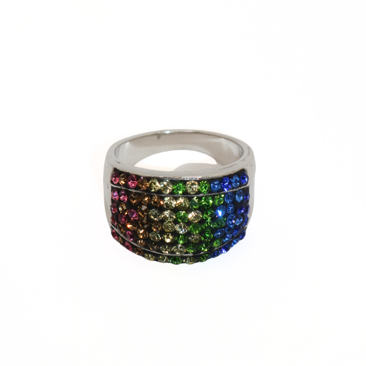 Vintage Silver Tone Rainbow Crystal Pavé Band Ring