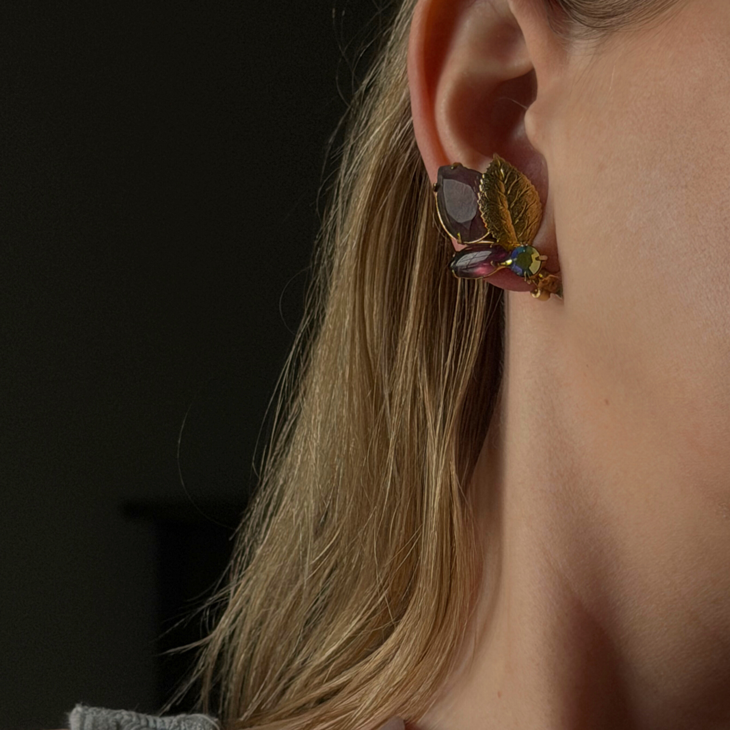 Vintage Purple Rhinestone Leaf Clip-On Earrings