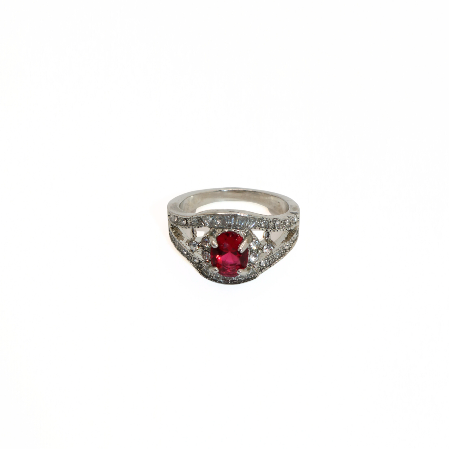 Vintage Silver Tone Red Crystal Art Deco Cocktail Ring