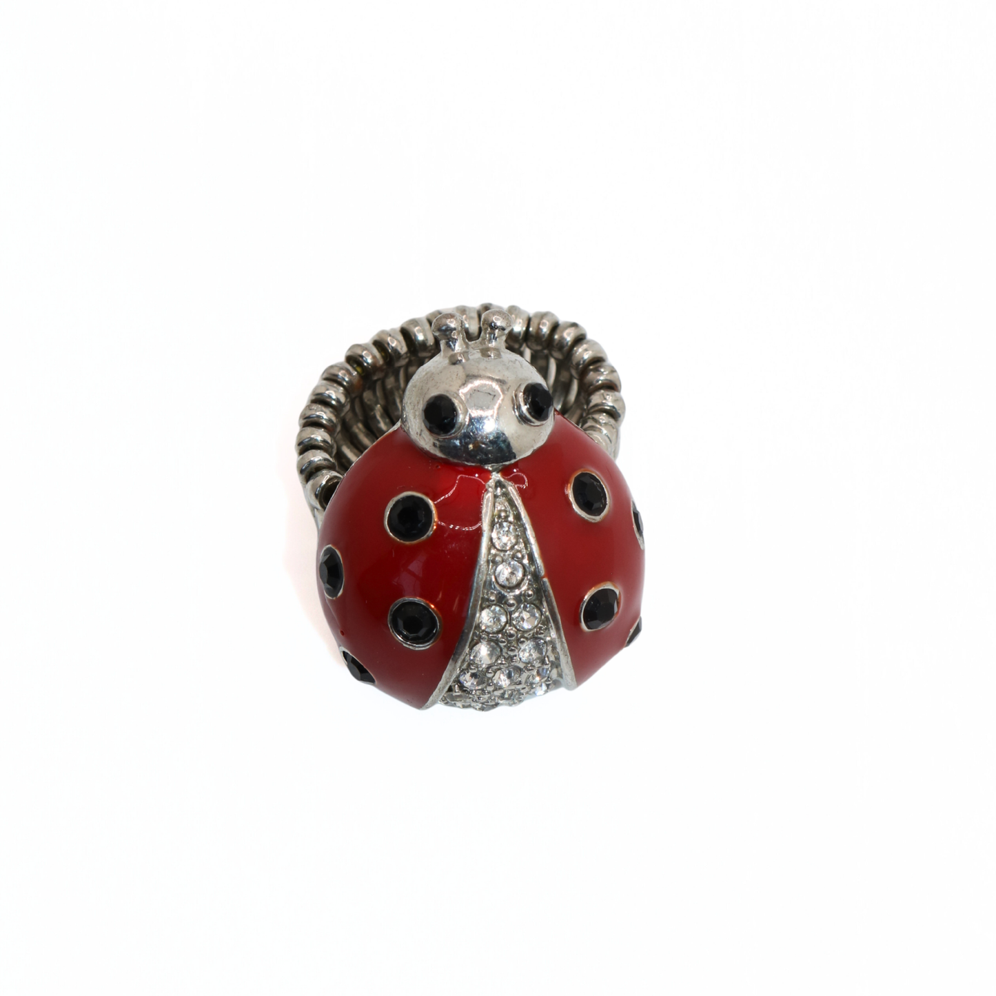 Vintage Silver Tone Adjustable Enamel Ladybug Statement Ring