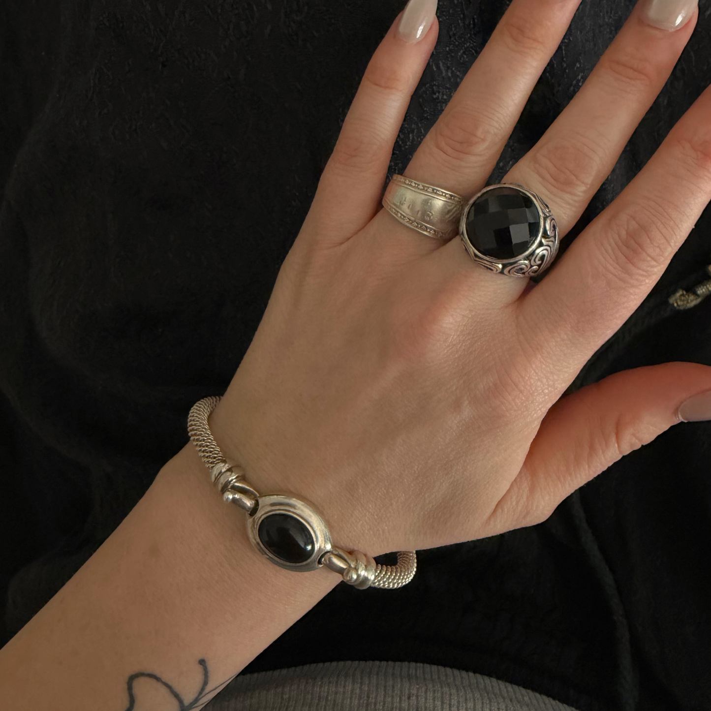 Vintage Silver Tone Statement Ring with Black Stone