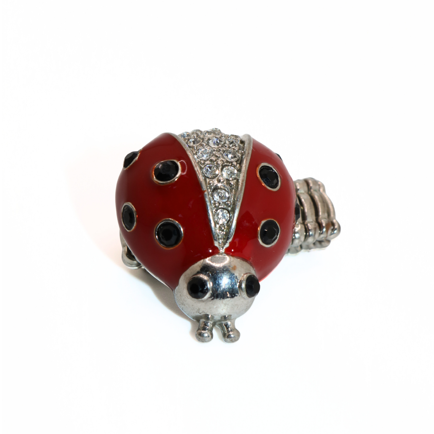 Vintage Silver Tone Adjustable Enamel Ladybug Statement Ring