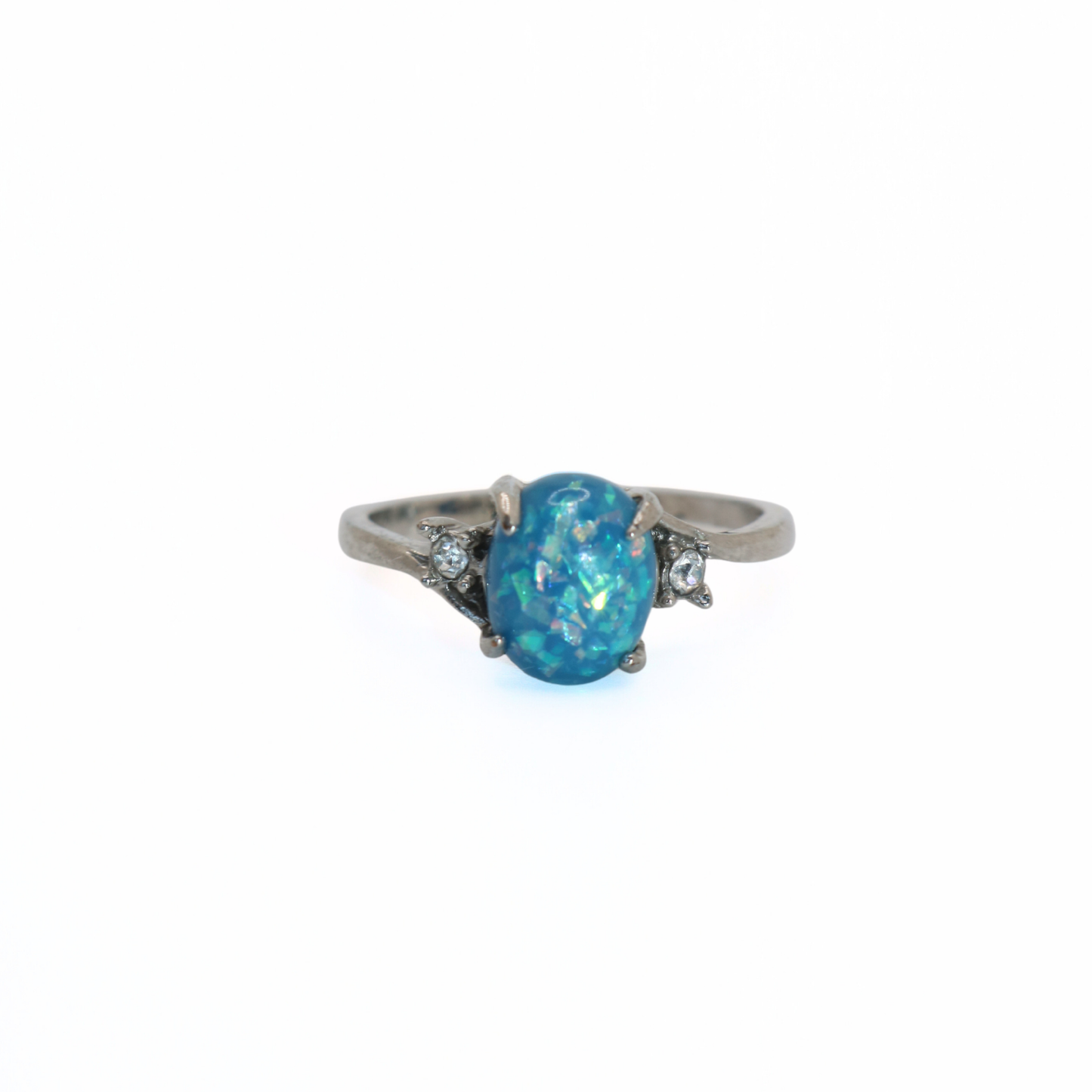 Vintage Silver Tone Blue Opal Style CZ Accent Ring