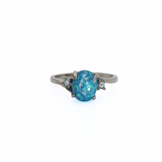 Vintage Silver Tone Blue Opal Style CZ Accent Ring